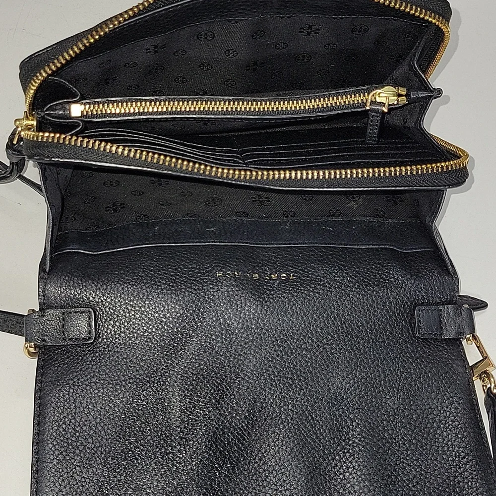 Tory Burch Black Pebbled Leather Flap Front Crossbody Bag